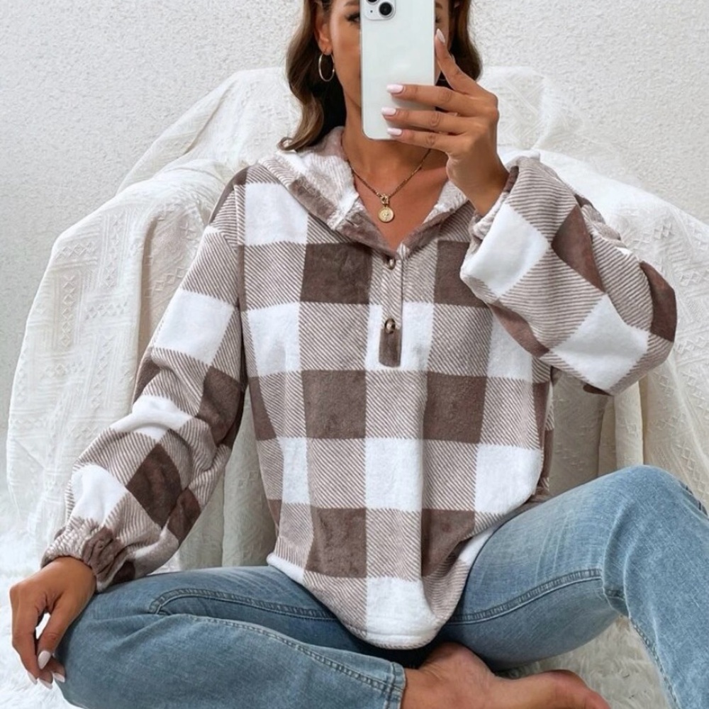 Shein Taupe & White Soft Fleece Hoodie